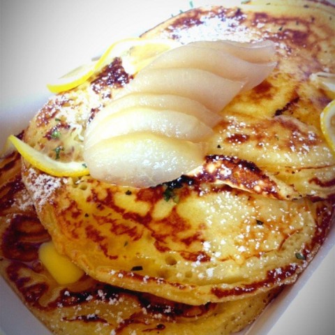 lemon scent pancake with poached pear
