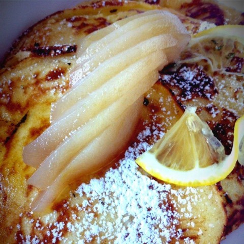 lemon scent pancake with poached pear