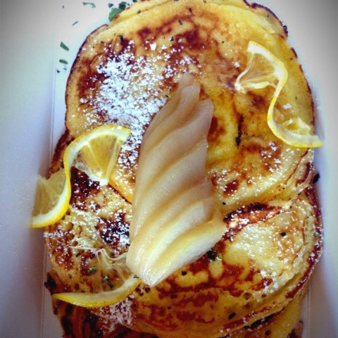 lemon scent pancake with poached pear