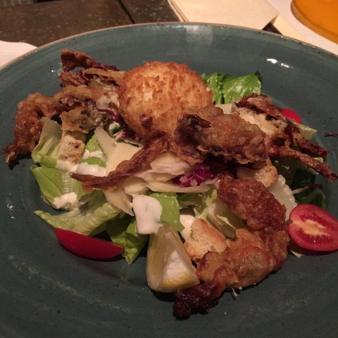 caesar salad, fried runny egg, spider jumbo soft-shell crab
