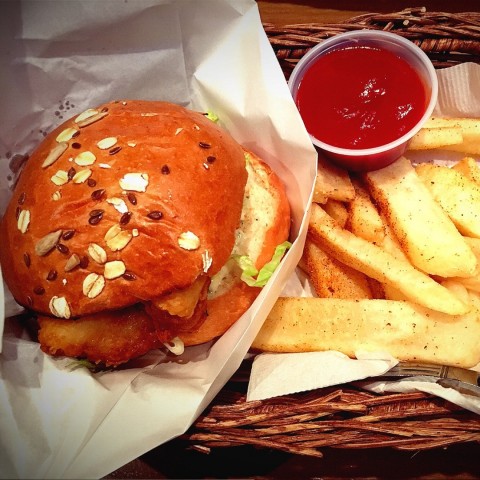 fish burger with spicy fries